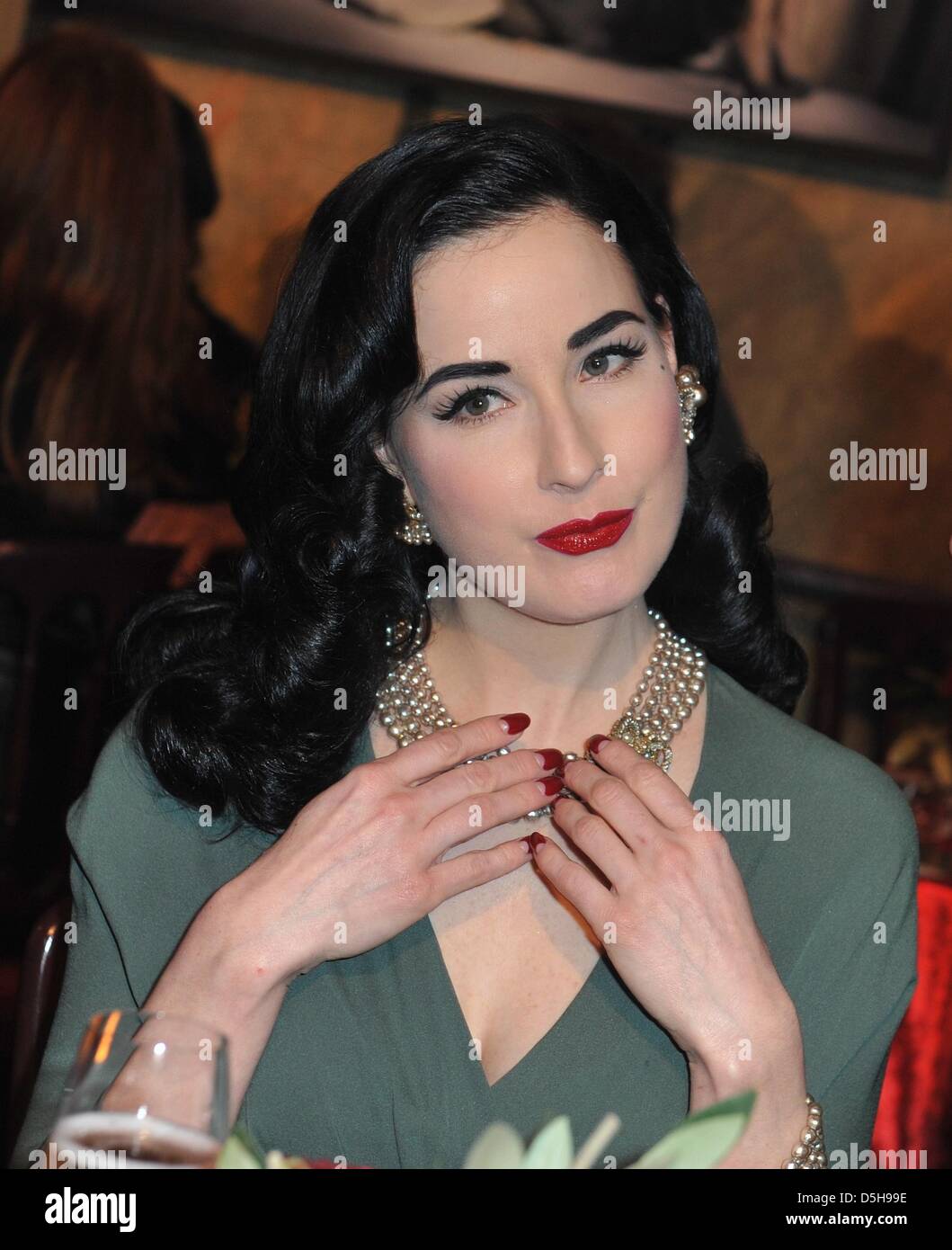 Burlesque dancer Dita von Teese takes part in the fashion show ''Lambertz Monday Night - Chocolate & Fashion'' at Old Waiting Room in Cologne, Germany, 01 Febuary 2010. This party of confectionary manufacturer Lambertz took place traditionally on the occaision of the International Confectionary Fair. Photo: Joerg Carstensen Stock Photo
