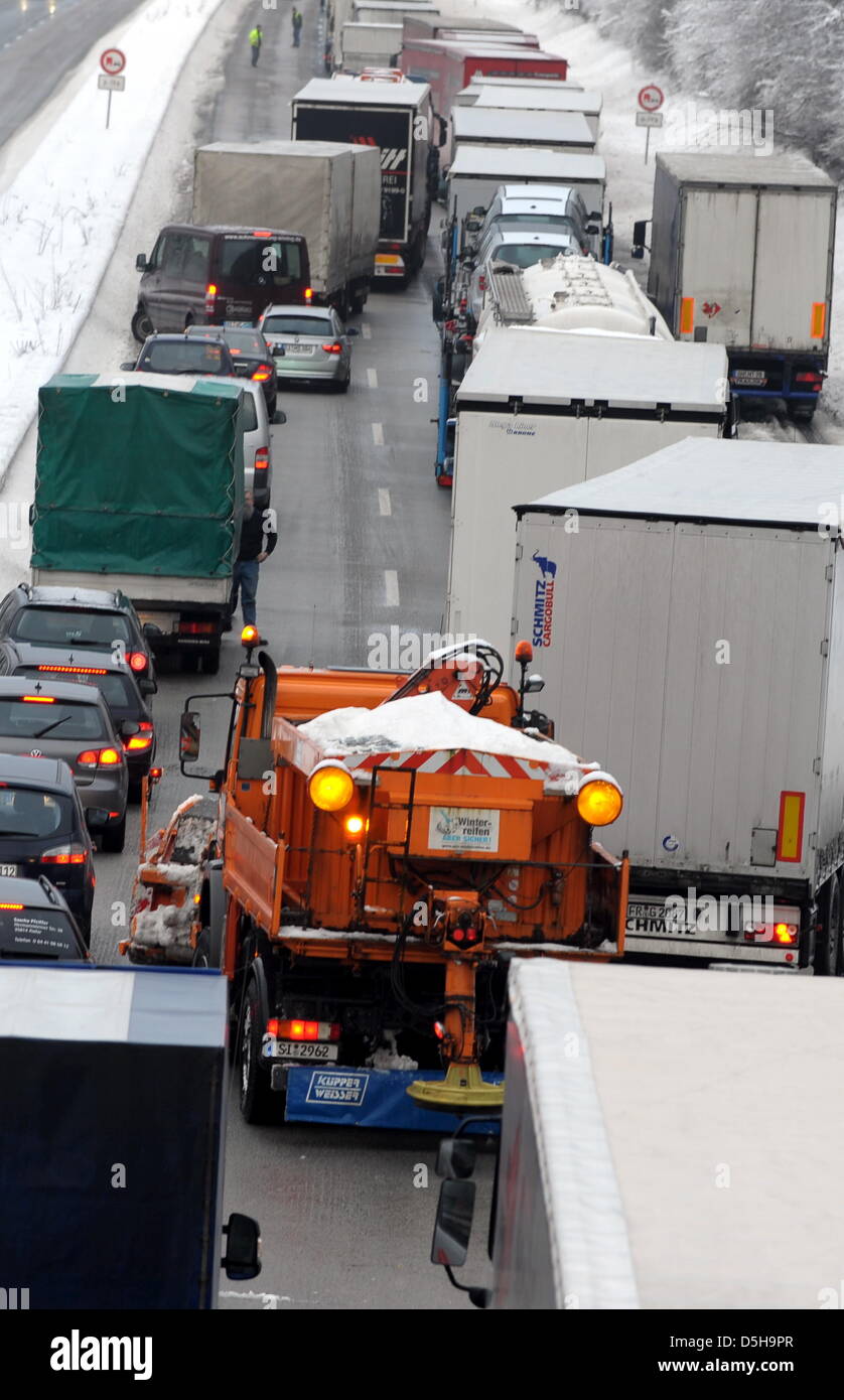 Trucks and cars stands in a traffic jam on the A 45 motorway near ...