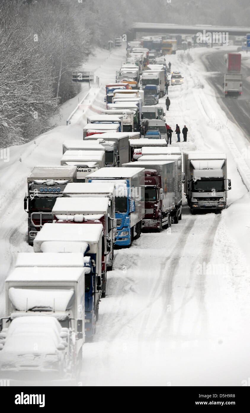 Trucks and cars stands in a traffic jam on the A 45 motorway near ...