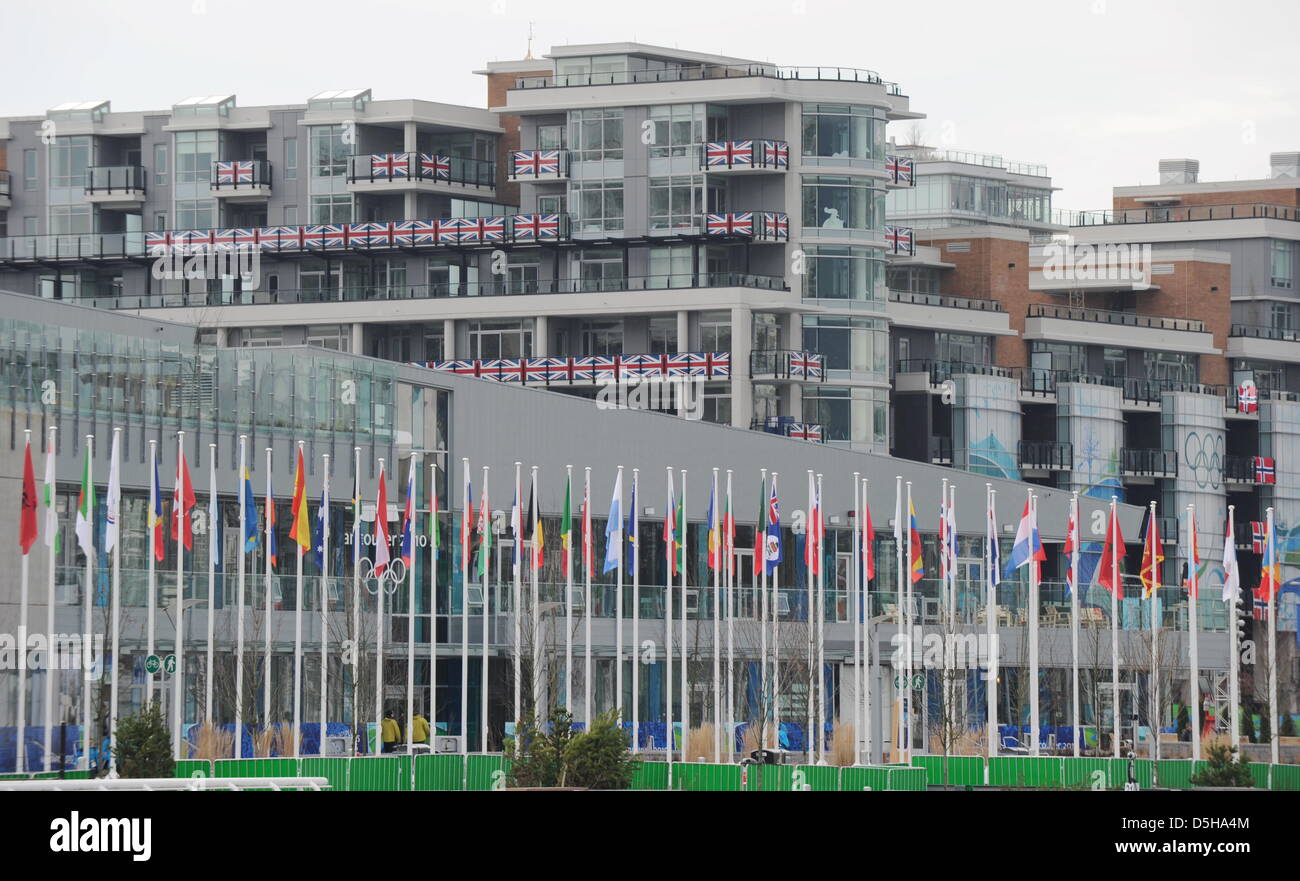 British Union Jacks are displayed on balconies of the Olympic village in Vancouver, Canada, 03 February 2010. Canada's third biggest city will host the 2010 Winter Olympic Games from February 12 - 28 February 2010. Photo: Arne Dedert Stock Photo