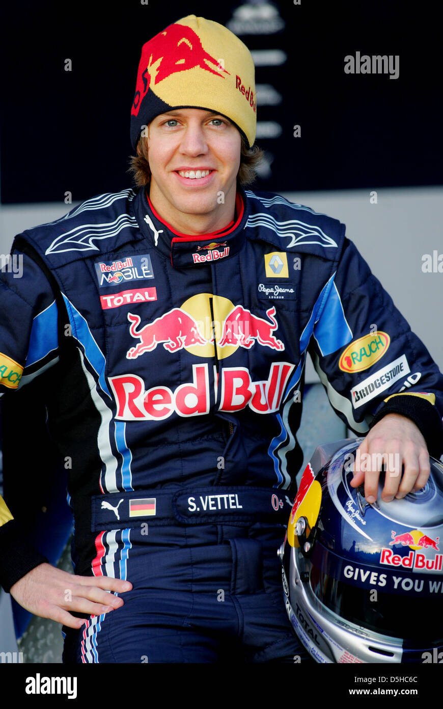 German Formula One driver Sebastian Vettel of Red Bull presents the new Red Bull Racing race car RB6 in Jerez de la Frontera, Spain, 10 February 2010. Vice world champion Vettel will test the RB6 for the first time on 12 February 2010. The Formula One 2010 season will start on 14 March 2010 in Bahrain. Photo: Felix Heyder Stock Photo