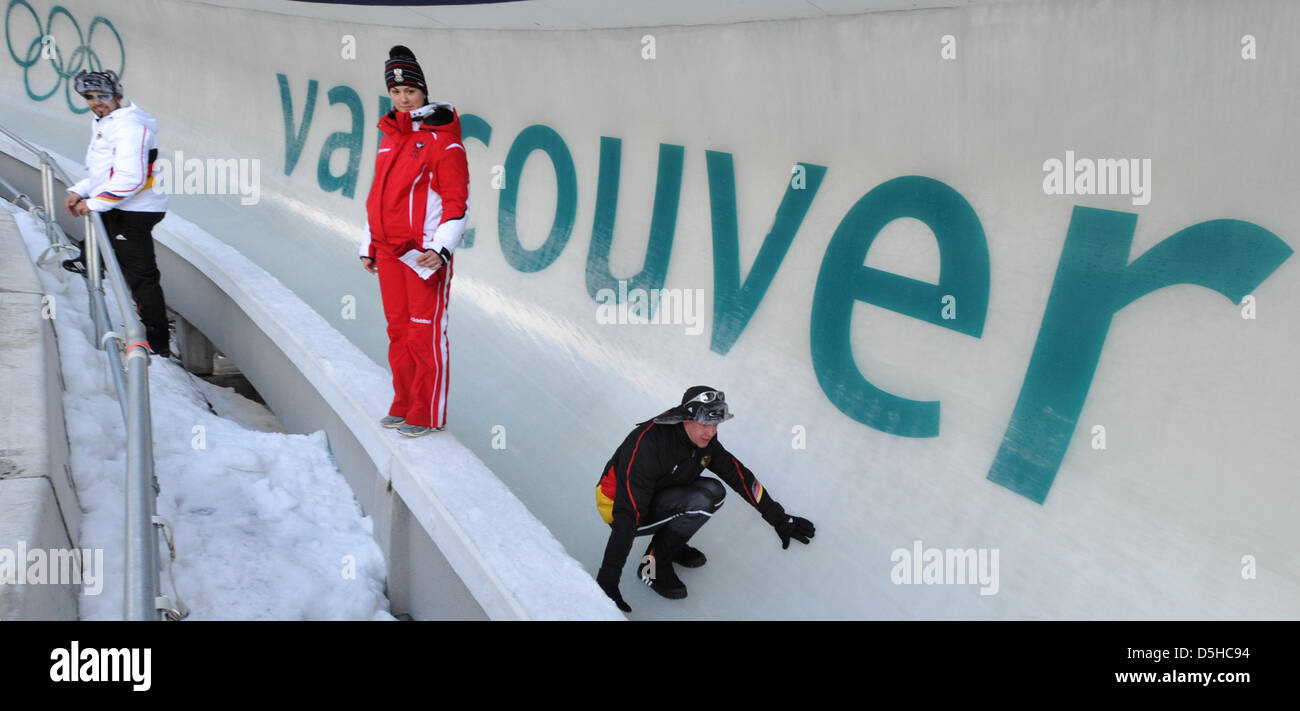 A Polish luging team races down the ice channel during the Luge Spring