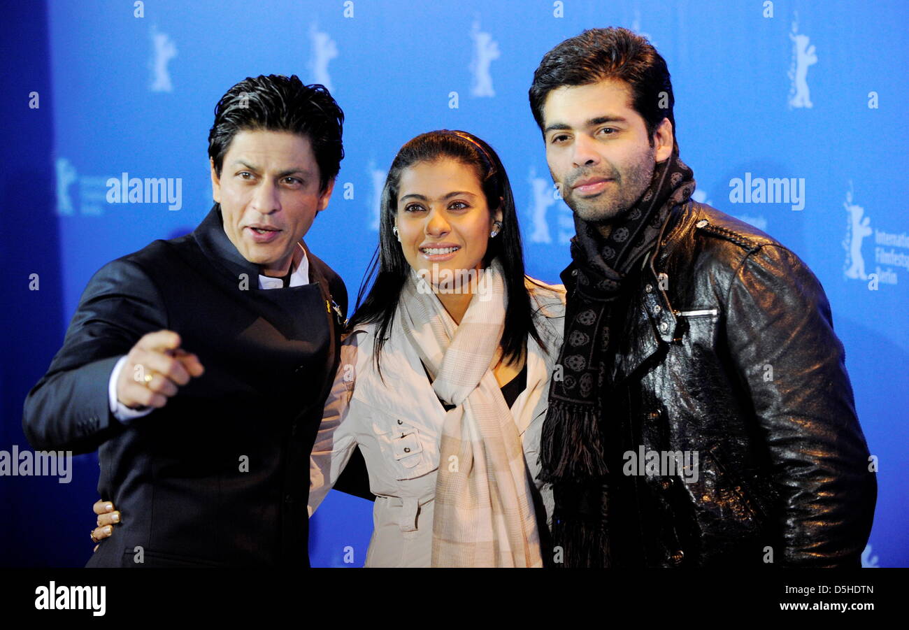 Indian actor Shah Rukh Khan (l-r), Indian actress Kajol Devgan and Indian director Karan Johar attend the photocall for the film 'My name is Khan' running in competition during the 60th Berlinale International Film Festival in Berlin, Germany, Friday, 12 February 2010. Photo: Soeren Stache dpa/lbn Stock Photo