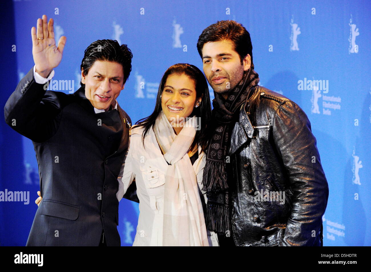 Indian actor Shah Rukh Khan (l-r), Indian actress Kajol Devgan and Indian director Karan Johar attend the photocall for the film 'My name is Khan' running in competition during the 60th Berlinale International Film Festival in Berlin, Germany, Friday, 12 February 2010. Photo: Soeren Stache dpa/lbn Stock Photo