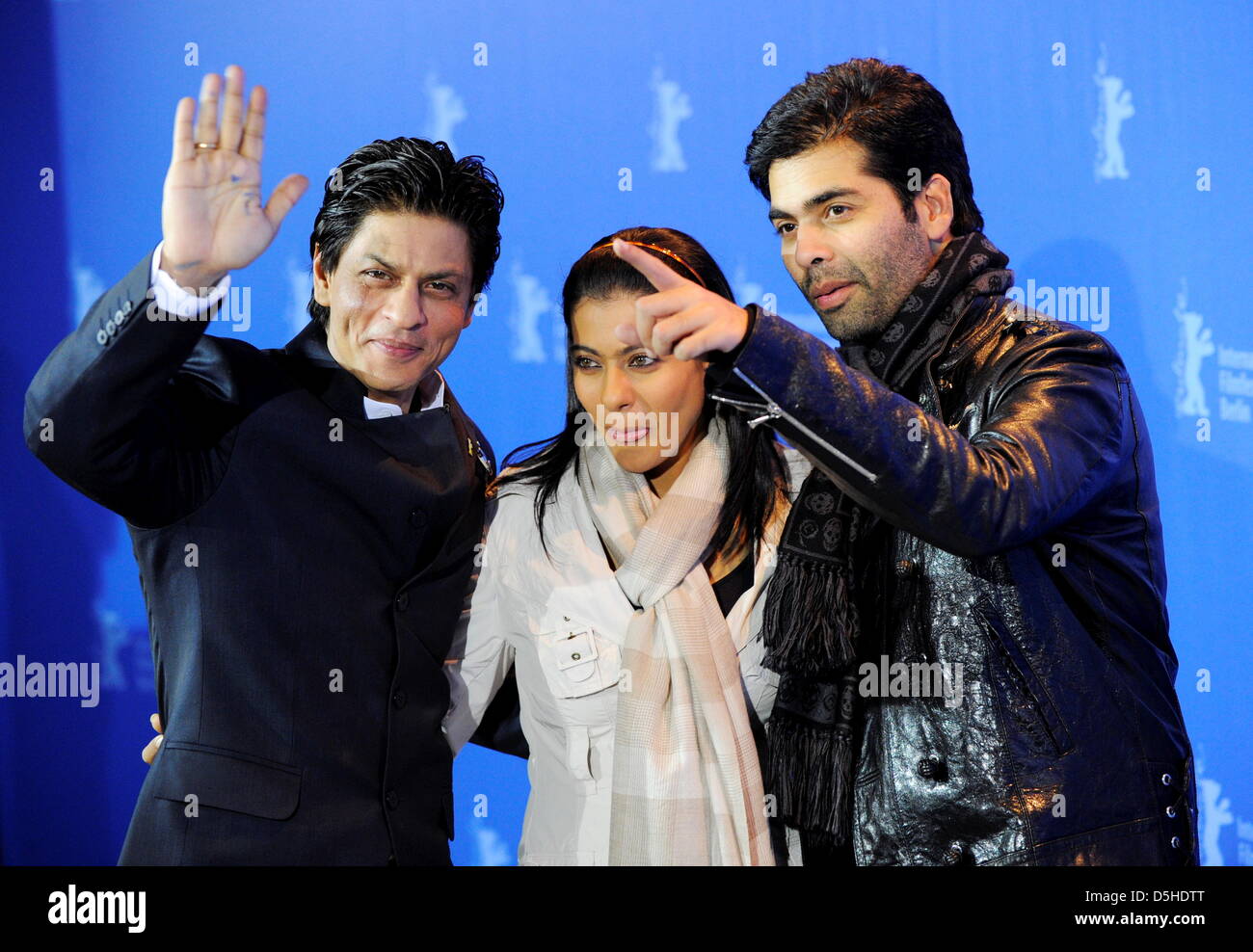 Indian actor Shah Rukh Khan (l-r), Indian actress Kajol Devgan and Indian director Karan Johar attend the photocall for the film 'My name is Khan' running in competition during the 60th Berlinale International Film Festival in Berlin, Germany, Friday, 12 February 2010. Photo: Soeren Stache dpa/lbn Stock Photo