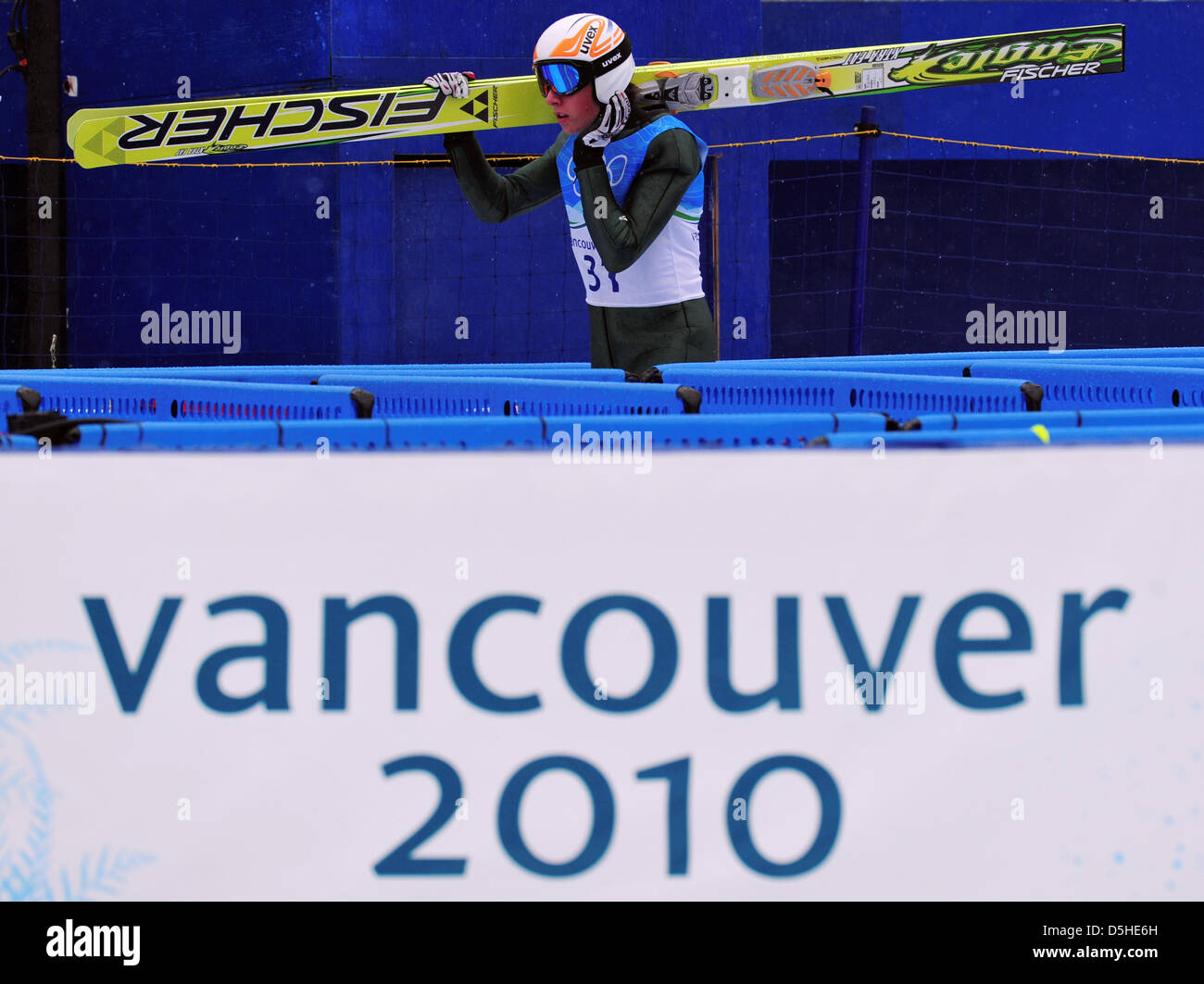 Johannes Rydzek of Germany is seen during his Ski Jumping portion of the Nordic Combined training session during the Vancouver 2010 Olympic Games, Whistler, Canada, 12 February 2010. Photo: Peter Kneffel Stock Photo