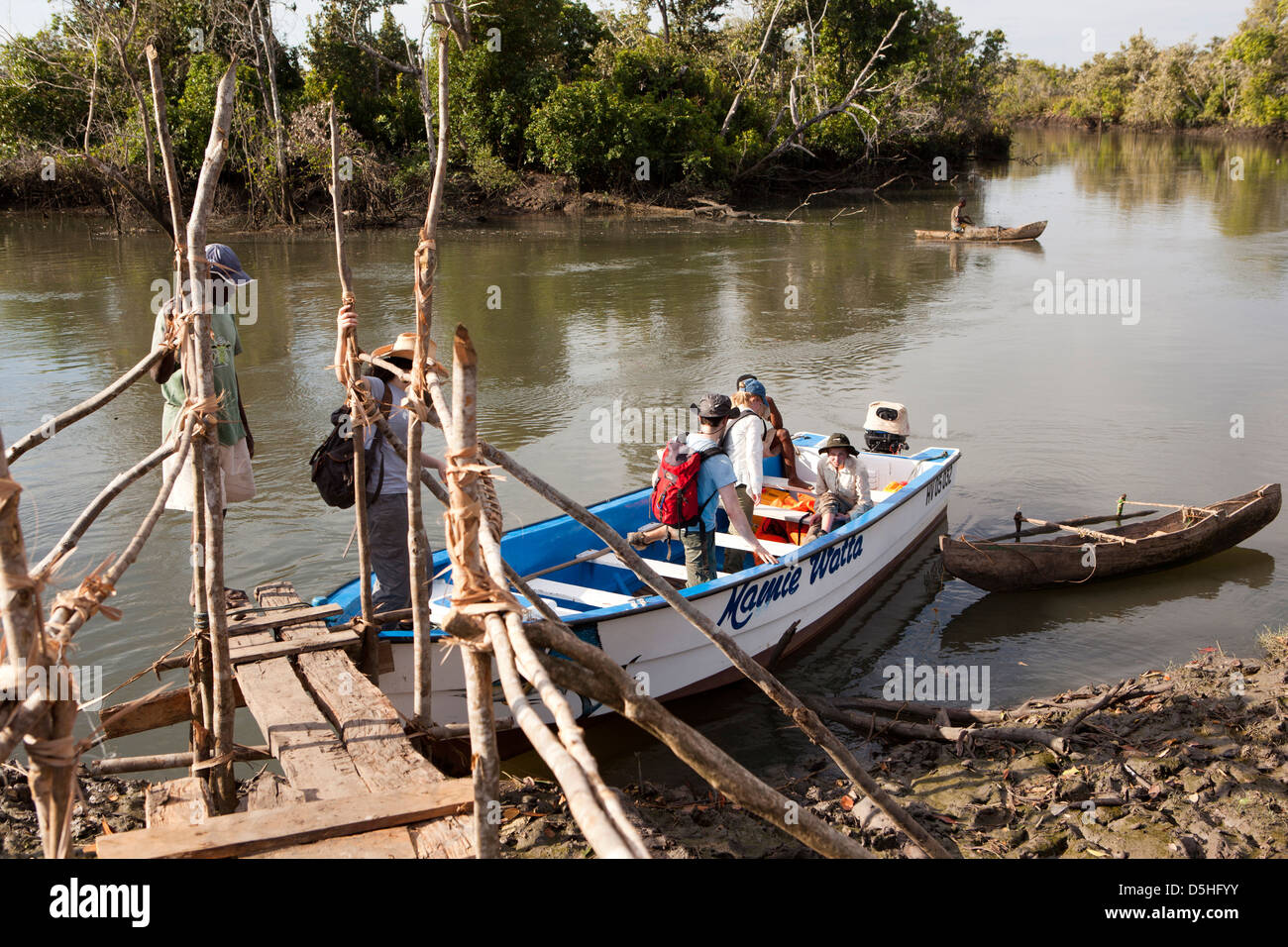 Madagascar, Operation Wallacea, students boarding Mariarano River research boat Stock Photo