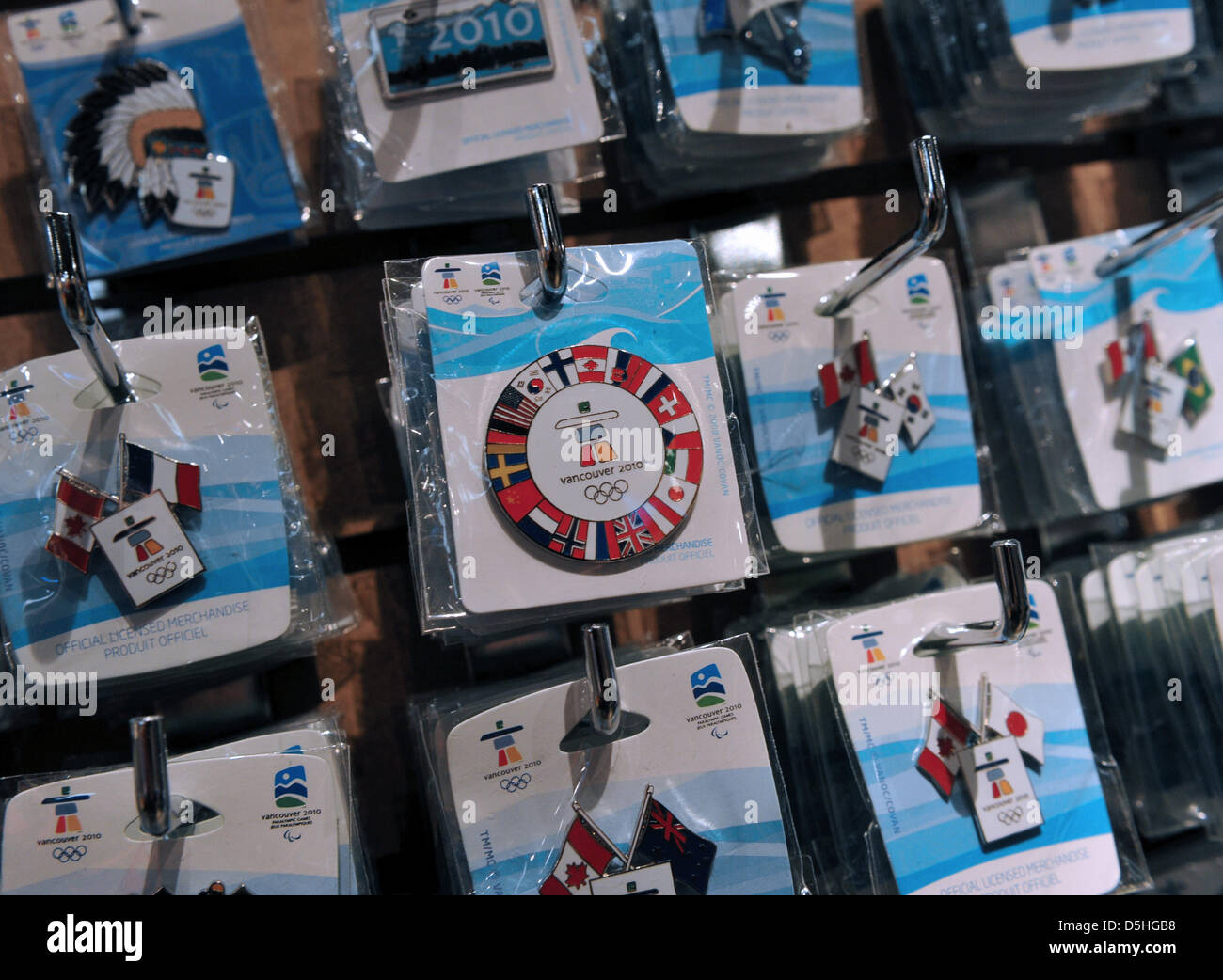 Pins are displayed in a during the Vancouver 2010 Olympic Games, in Whistler