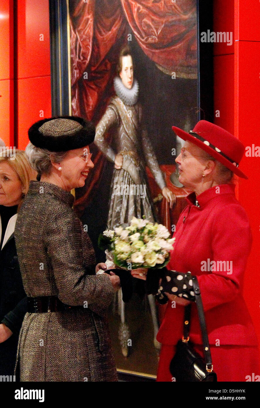 Danish Queen Margrethe II (R) and Danish Princess Benedikte visit the