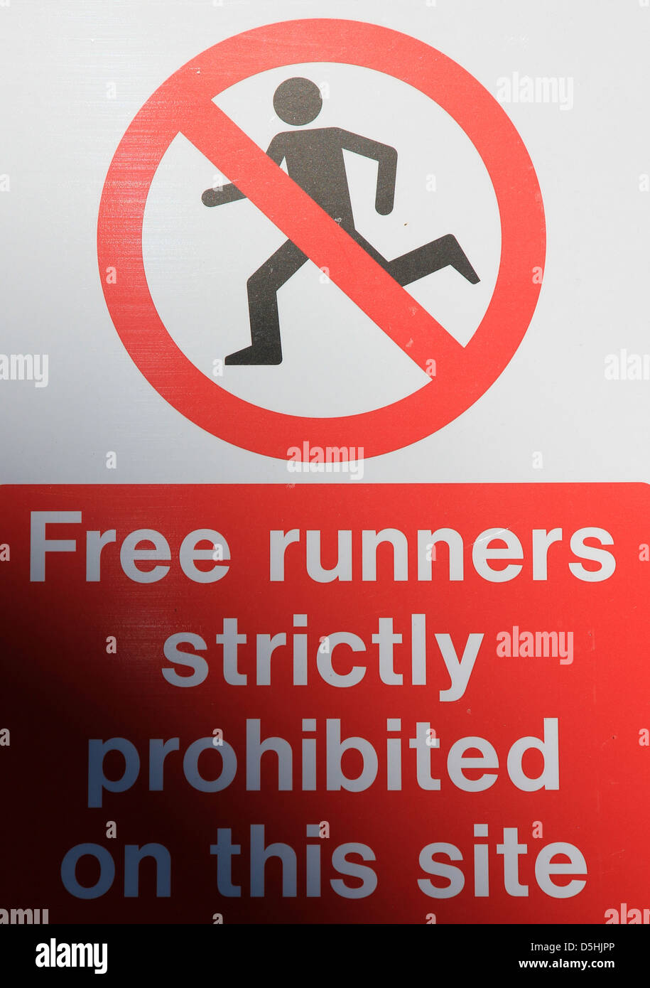 free runners strictly prohibited on this site sign Stock Photo