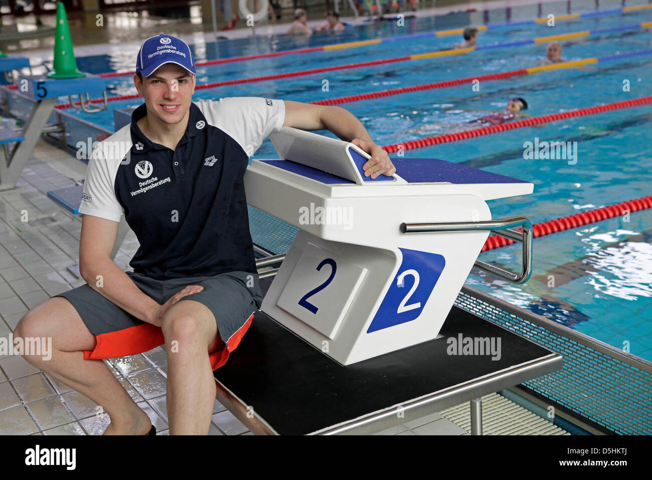 German swimming champion Paul Biedermann poses with his new starting block  in Halle Saale, Germany, 18 February 2010. The same type of starting block  was used at the Beijing 2008 Olympic Games