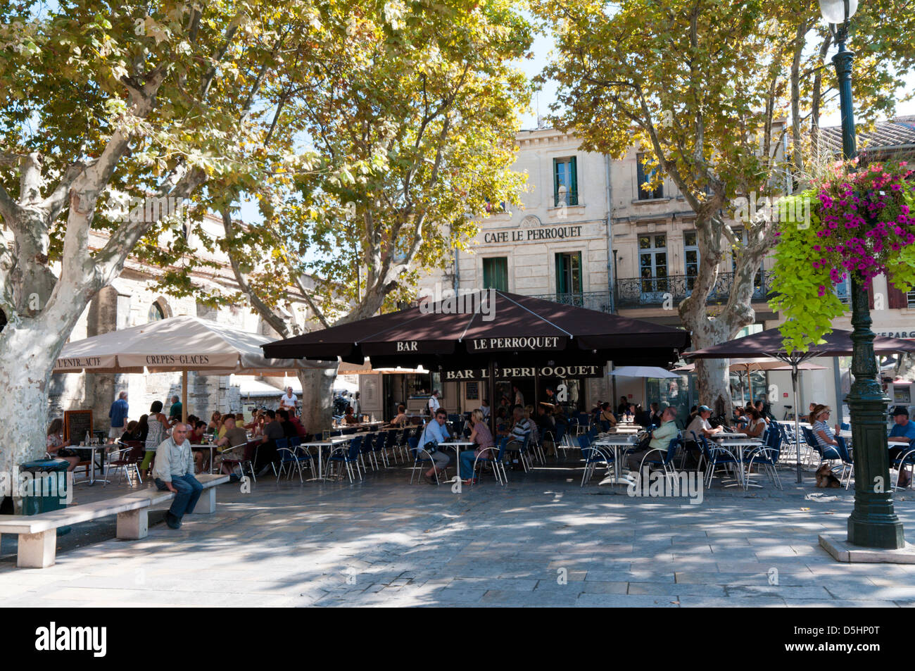 People sitting at cafe tables under trees in a square in the old town of Aigues-Mortes. Stock Photo