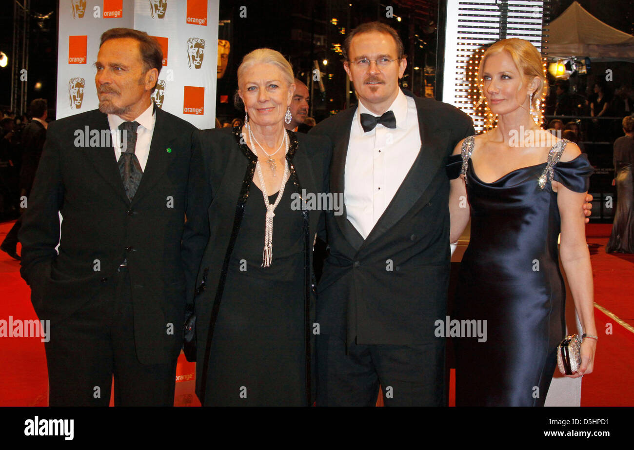 (L-R) Italian actor Franco Nero, British actress Vanessa Redgrave, their son Carlo Nero and Vanessa's daughter Joely Richardson arrive for the 2010 Orange British Academy Film Awards (BAFTA) held at the Royal Opera House in London, Great Britain, 21 February 2010. The BAFTAs are the biggest and most prestigious British film awards honouring British as well as international cinemati Stock Photo