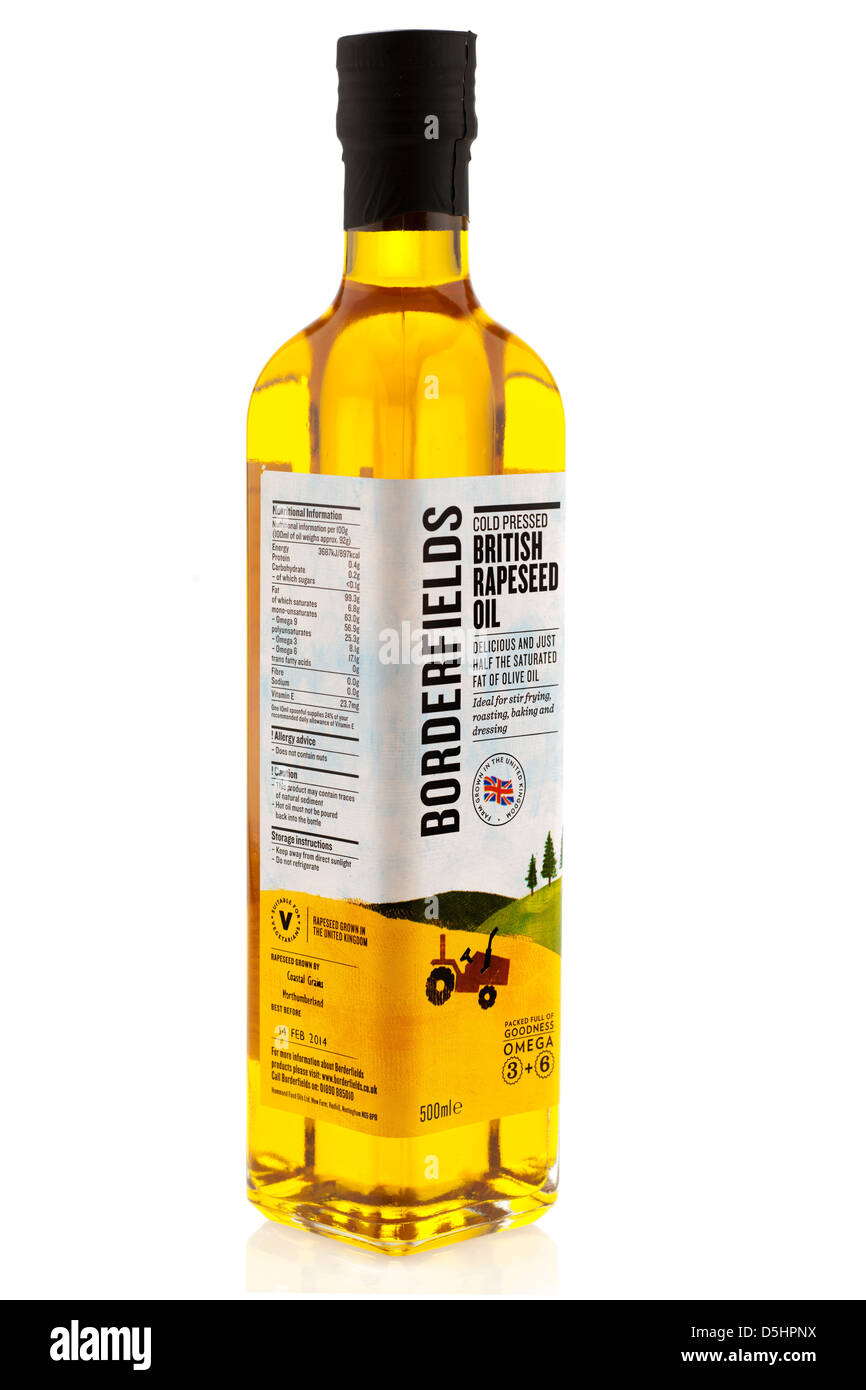 Bottle of cold pressed British rapeseed oil from Borderfields Stock Photo