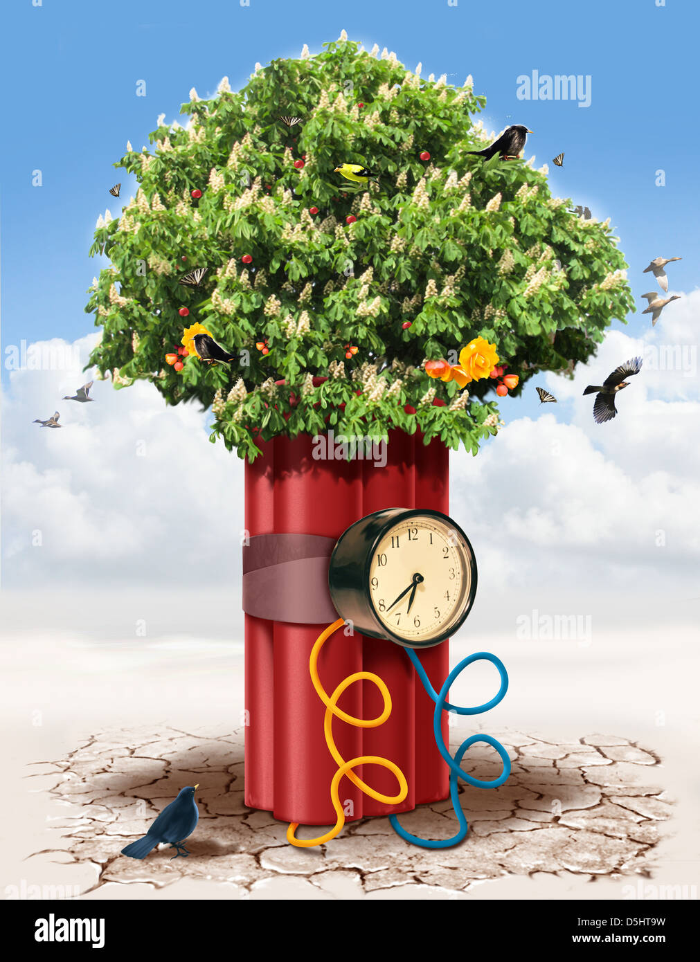 Illustrative image of tree wrapped with time bomb representing threat to nature Stock Photo