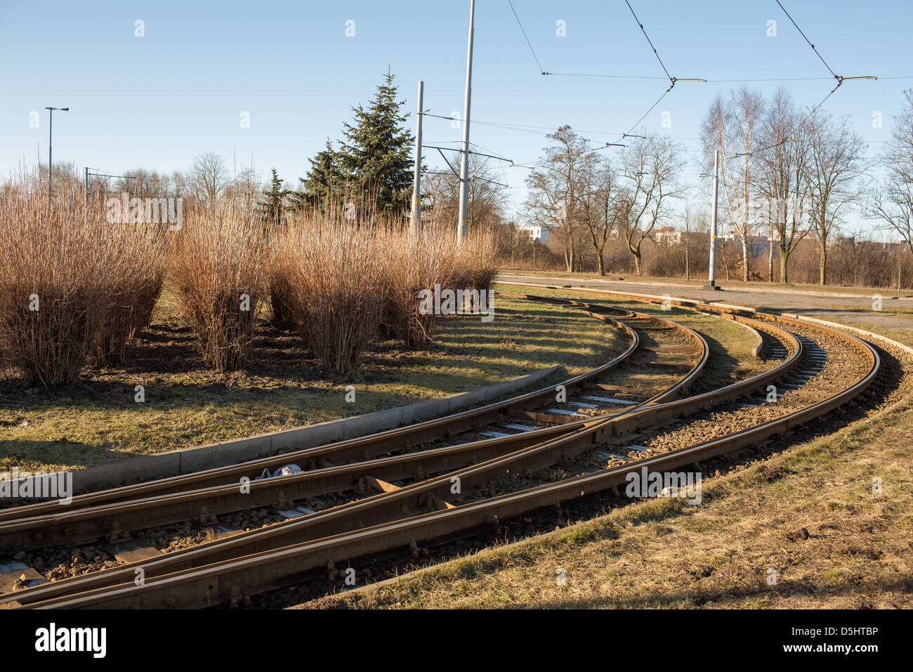 Nice view on the part of the tram tracks. Stock Photo