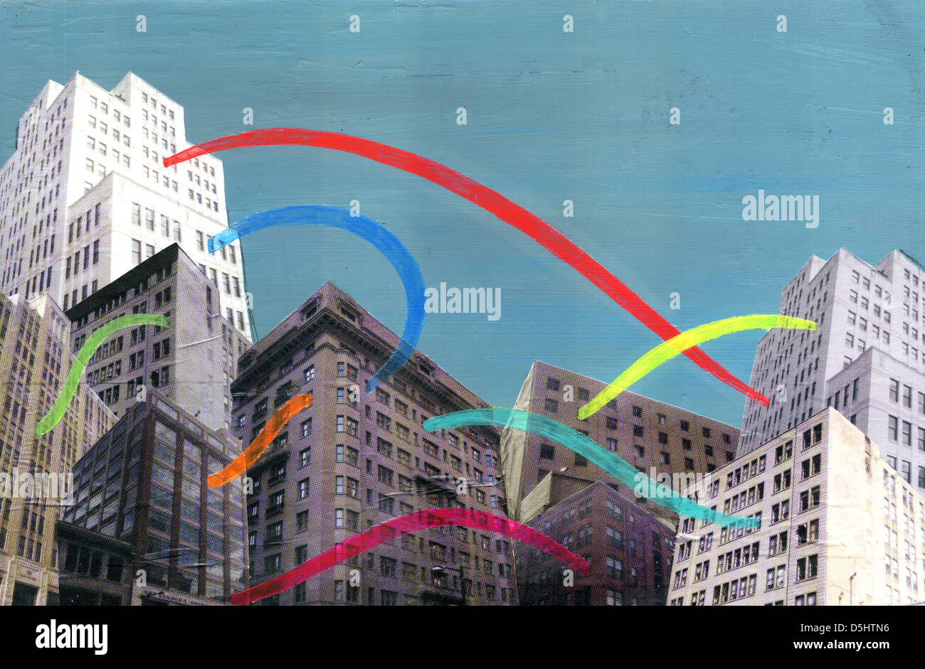 Illustration of buildings with colorful lights connecting each other representing social networking Stock Photo