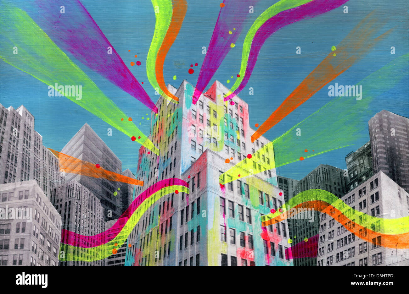 Illustration of building emitting lights representing social networking Stock Photo