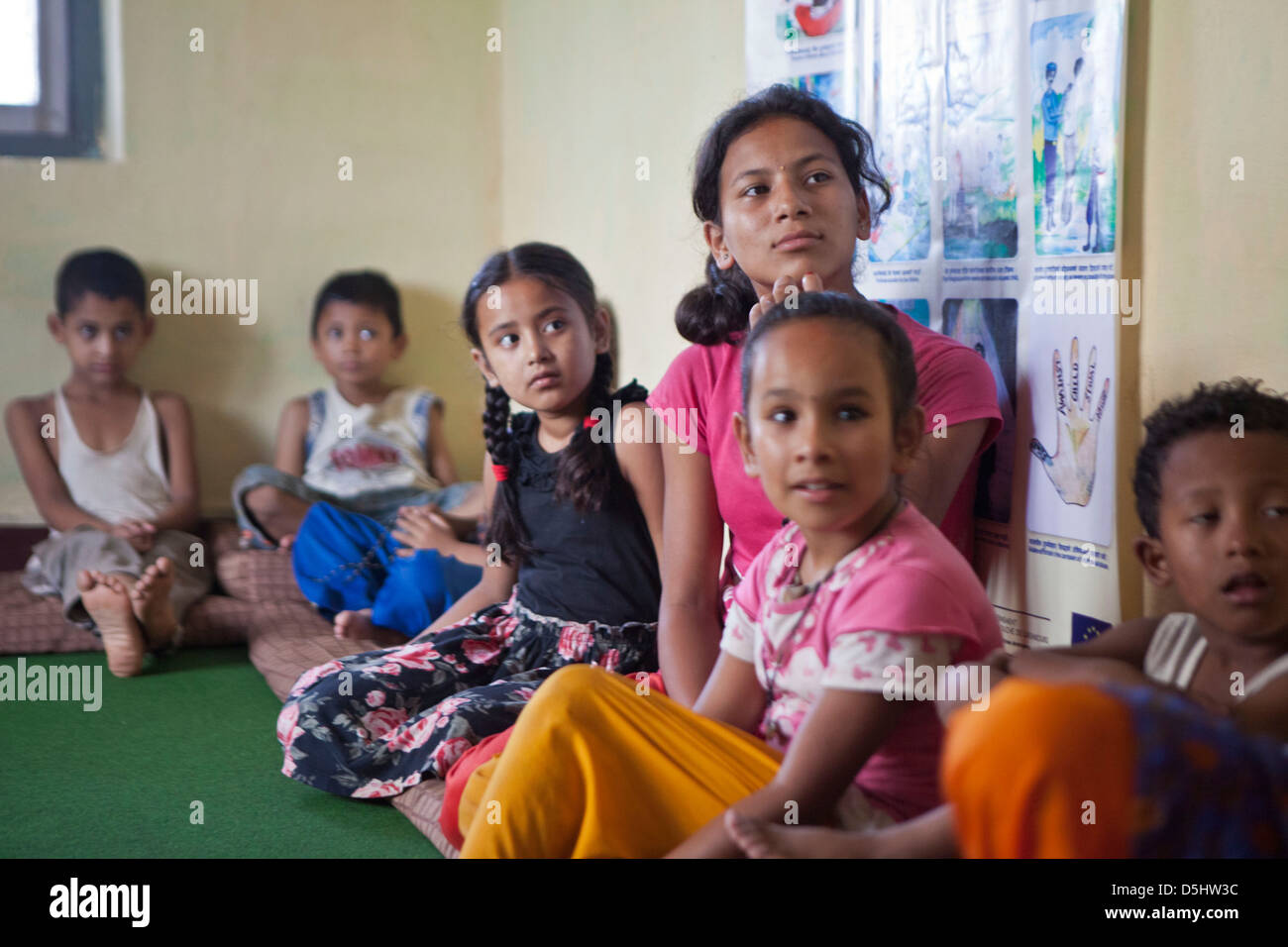 Staff and young street-children at Voice for Children rehabilitation center in Kathmandu, Nepal. Stock Photo