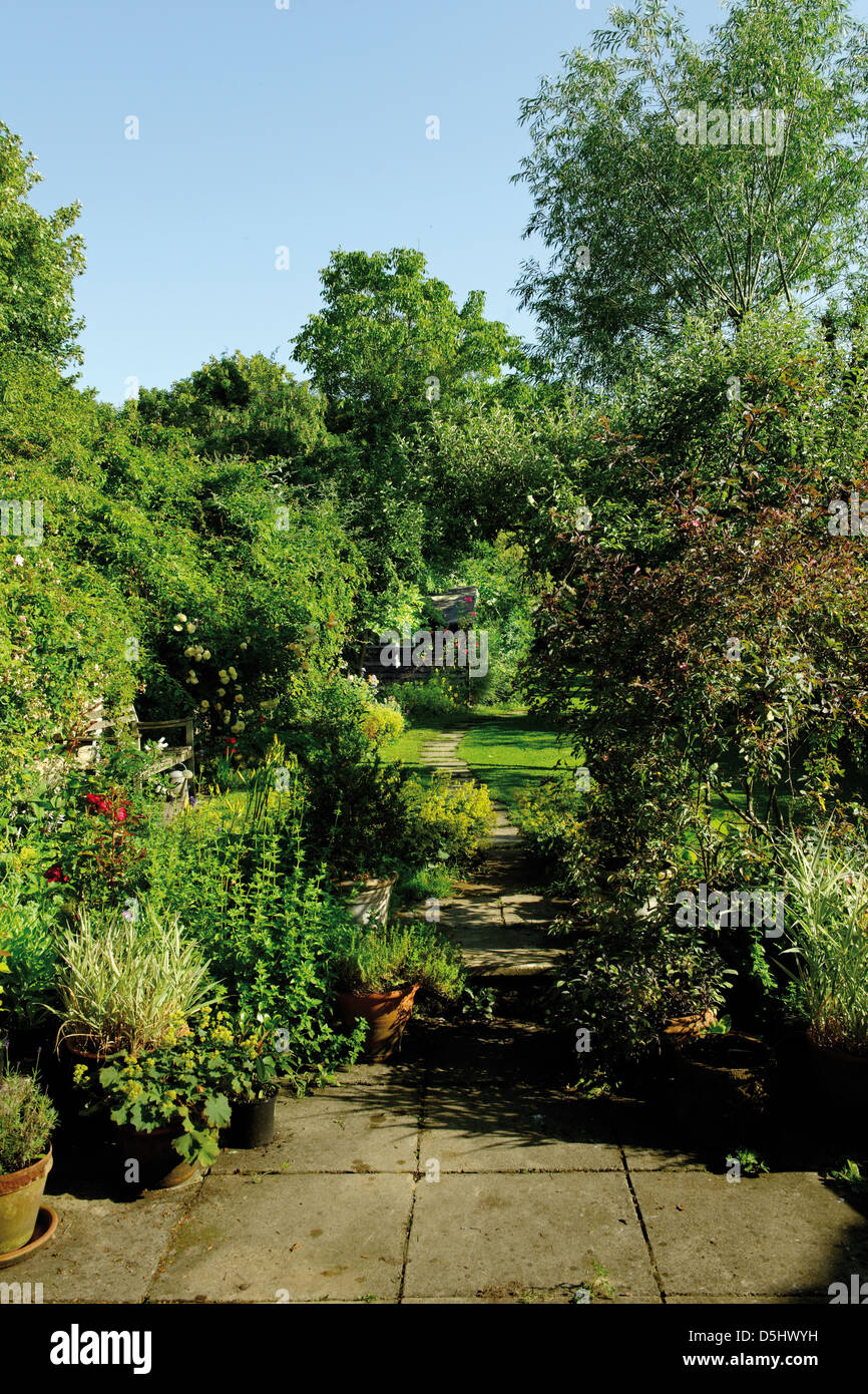 An English cottage garden in June Stock Photo