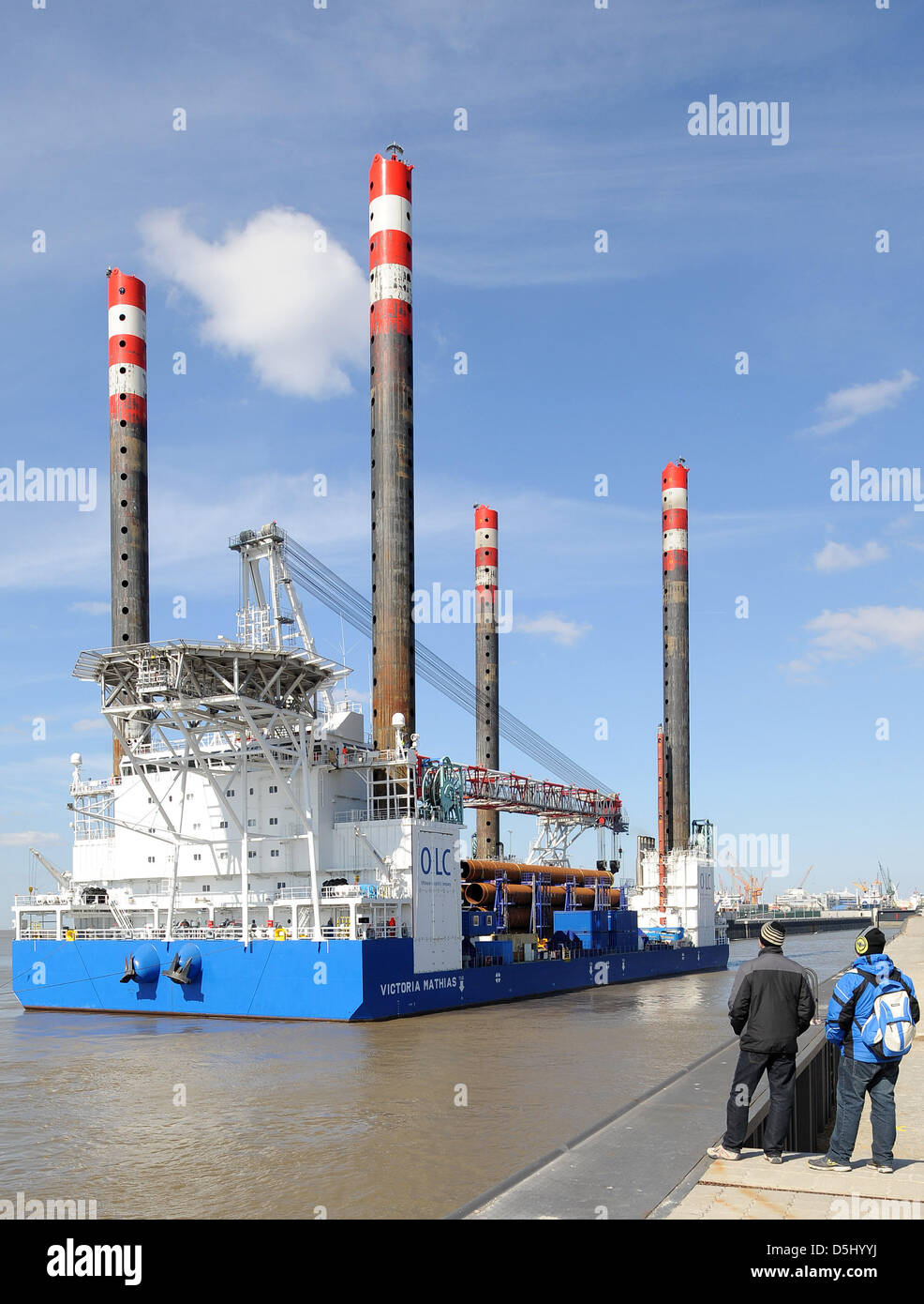 Offshore platform installer 'Victoria Mathias' of Offshore Logistic Company (OLC) arrives at Kaiserschleuse lock in Bremerhaven, Germany, 03 April 2013. Work platforms like this are used in the construction of offshore wind turbines. Photo: INGO WAGNER Stock Photo