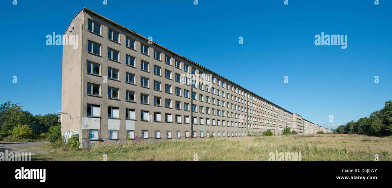 View of buildings of Block II of the 'Strength Through Joy' sea spa Prora complex in Binz on Ruegen, Germany, 20 September 2012. Six years after the German state sold the former Nazi property , which the National Socialists planned as a seaside resort, to private investers renovations have begun to turn the buidlings into holiday apartments and condominiums. Photo: Stefan Sauer Stock Photo