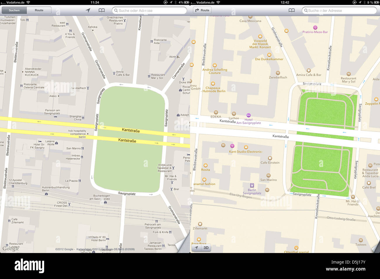 (COMBO) A composite photo shows two screenshots of maps of the area around Savignyplatz in Berlin on an iPhone in Berlin, Germany, 21 September 2012. On the left is the Google Maps version, on the right is the new Apple map service. With the introduction of the new iPhone 5, Apple has replaced Google Maps with their own service. Mistakes and missing details are annoying many users. Stock Photo