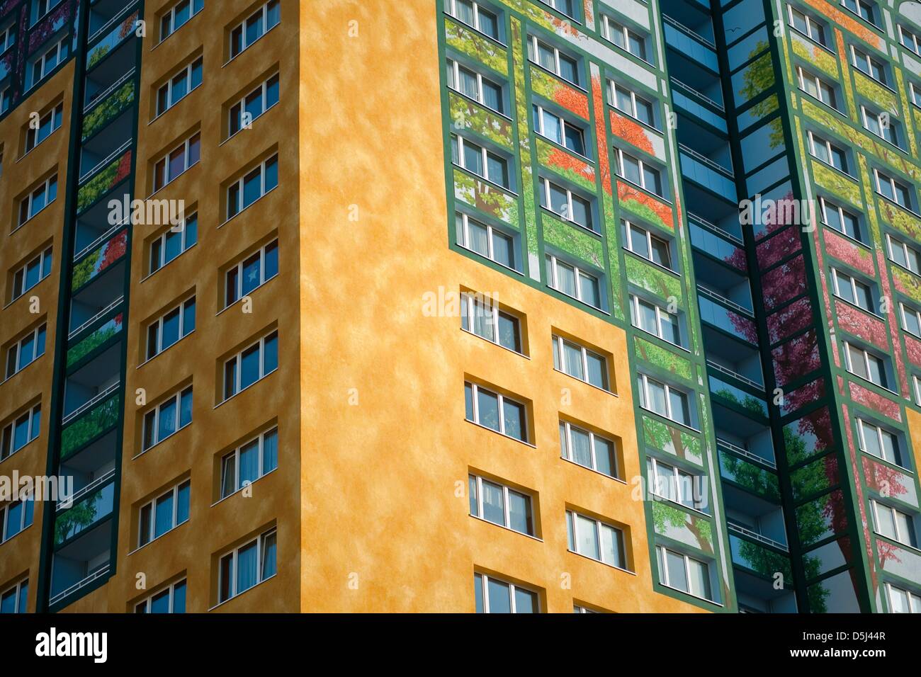 View of the apartment high rise 'Flower Tower' at Allee der Kosmonauten 145 in Berlin-Marzahn, Germany, 14 November 2012. According to the housing association Friedenshort, the apartment building 'Flower Power' is currently the highest piece of facade art in Europe. French artist group CiteCreation was responsible for decorating the 54 m high facade. Photo: ROBERT SCHLESINGER Stock Photo