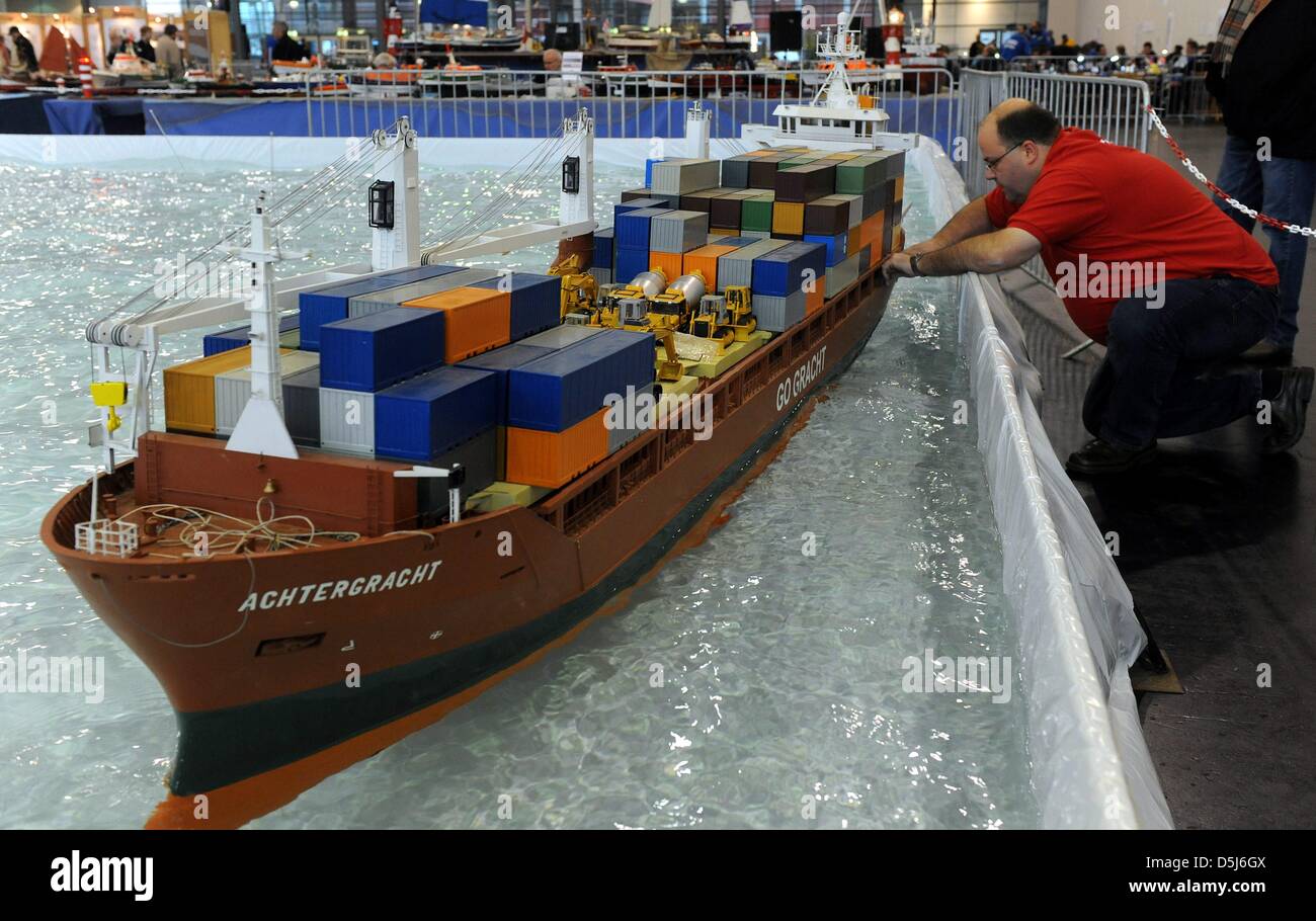 Modeller Joerg Kolano of the ship model building club Bremen e.V. works on a 700kg heavy model