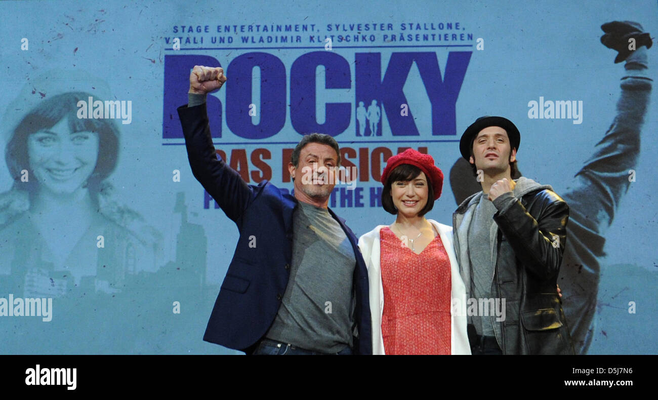 US actor Sylvester Stallone (l-r), Dutch actor Wietske van Tongeren (as Adrian) and their American colleague Drew Sarich (as Rocky) pose during the press conference for the Rocky musical in Hamburg, Germany, 16 November 2012. The musical will premiere worldwide on 18 November in Hamburg. Photo: Angelika Warmuth Stock Photo