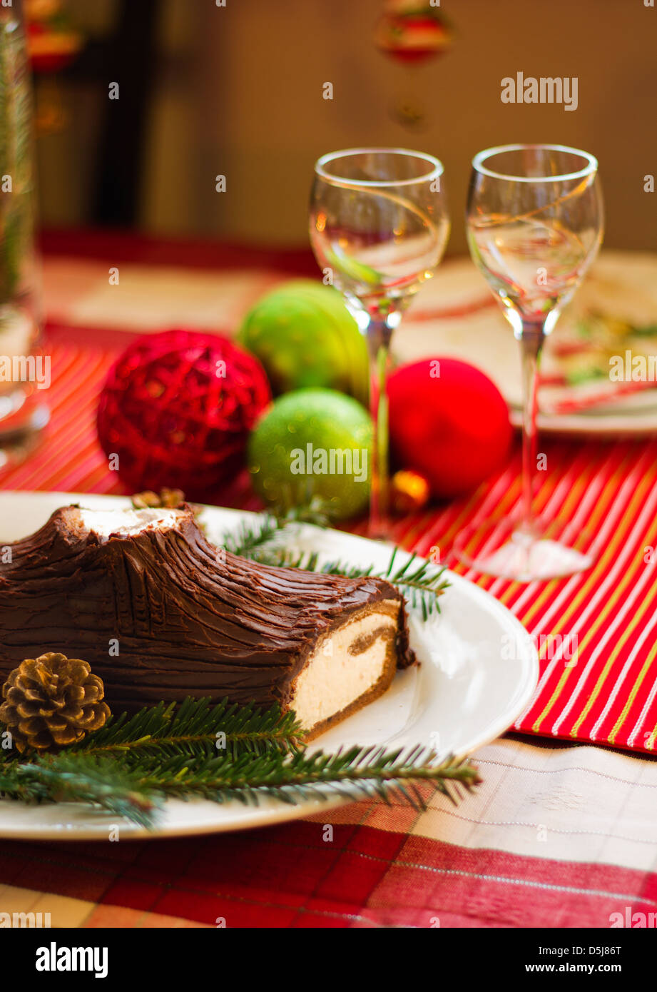 Traditional French Christmas Table With Christmas Yule Log Cake