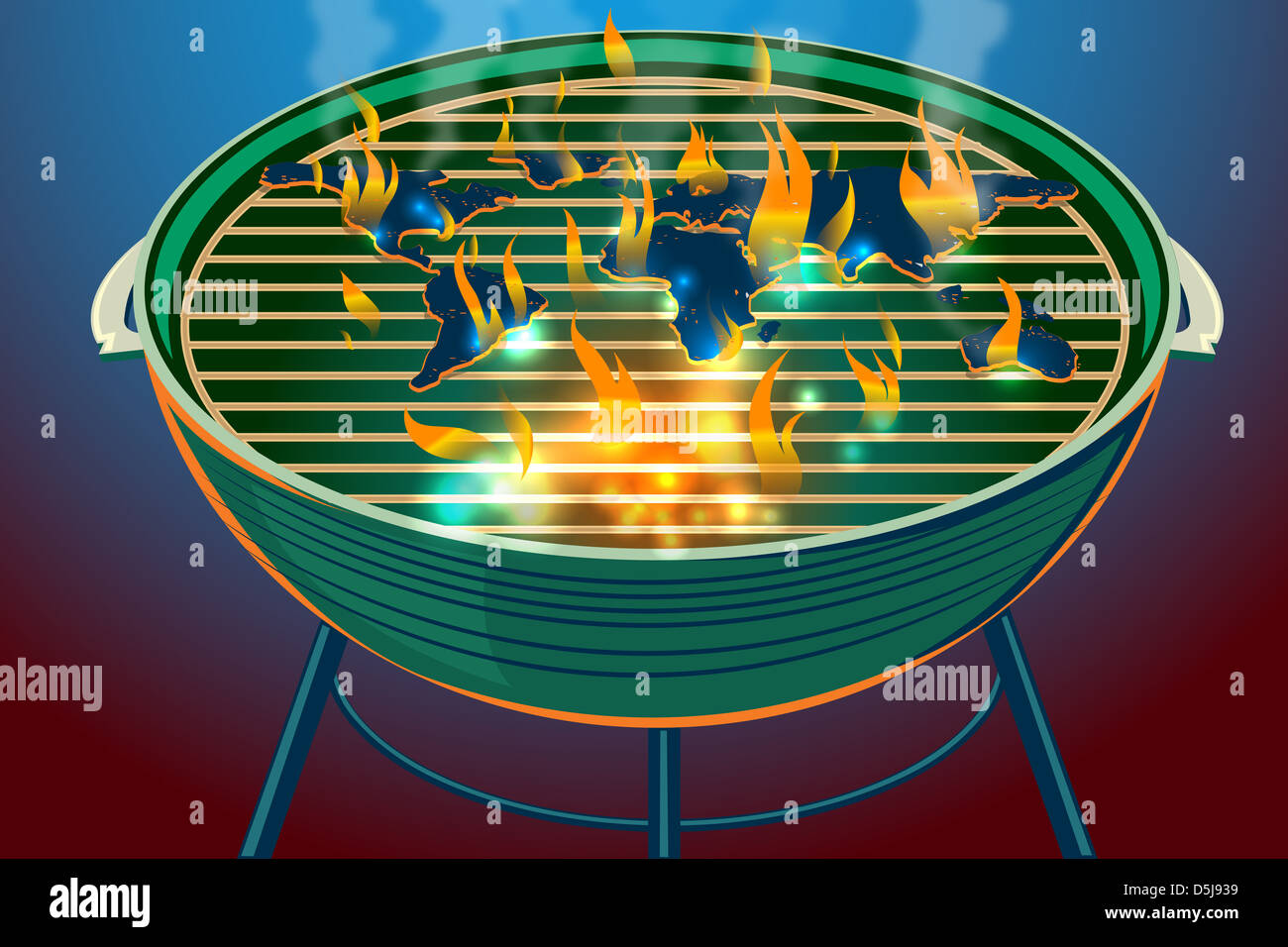 Illustrative image of world map burning on barbecue representing global warming Stock Photo