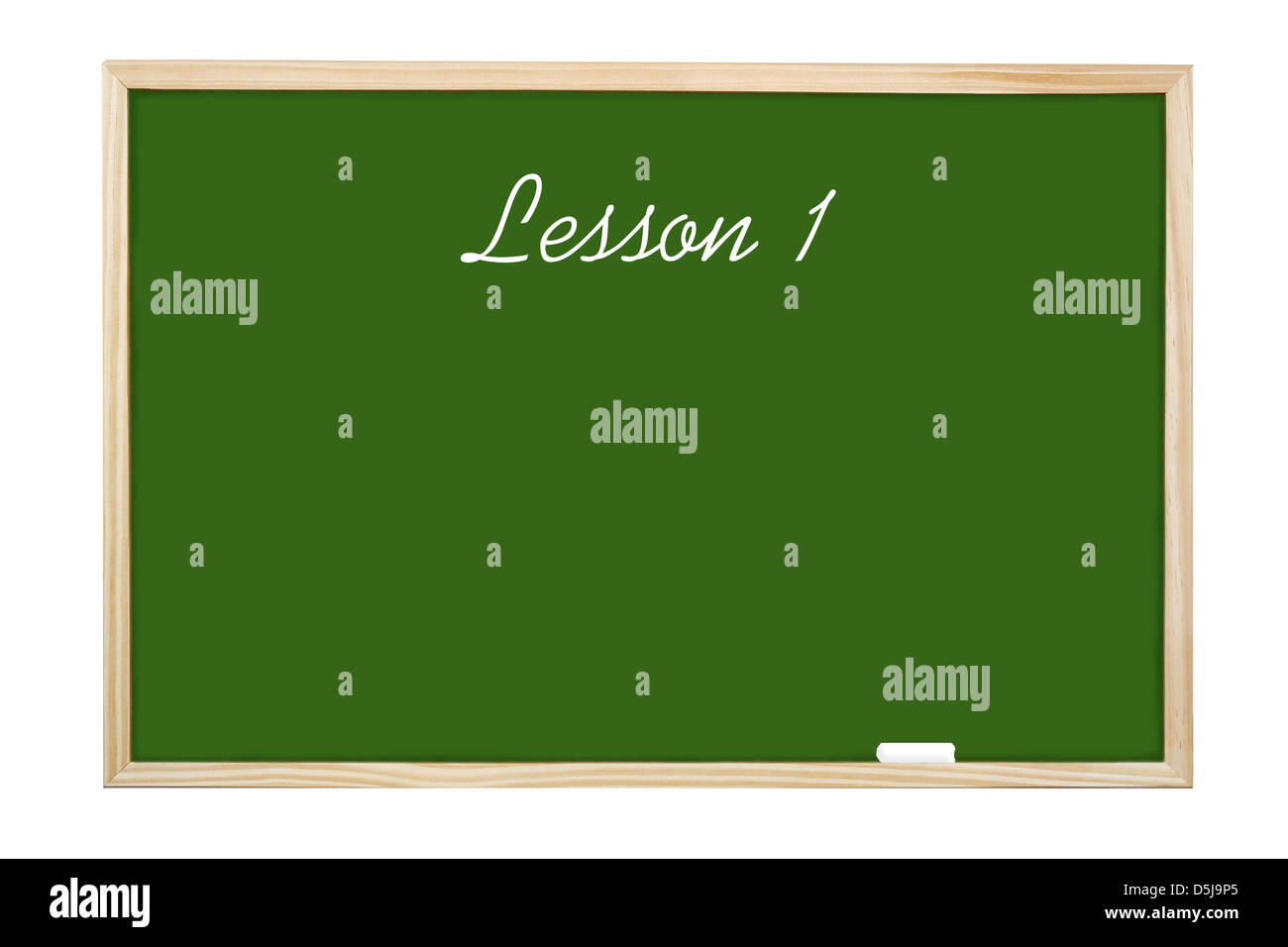 Green chalk board with handwritten Lesson 1 isolated on white Stock