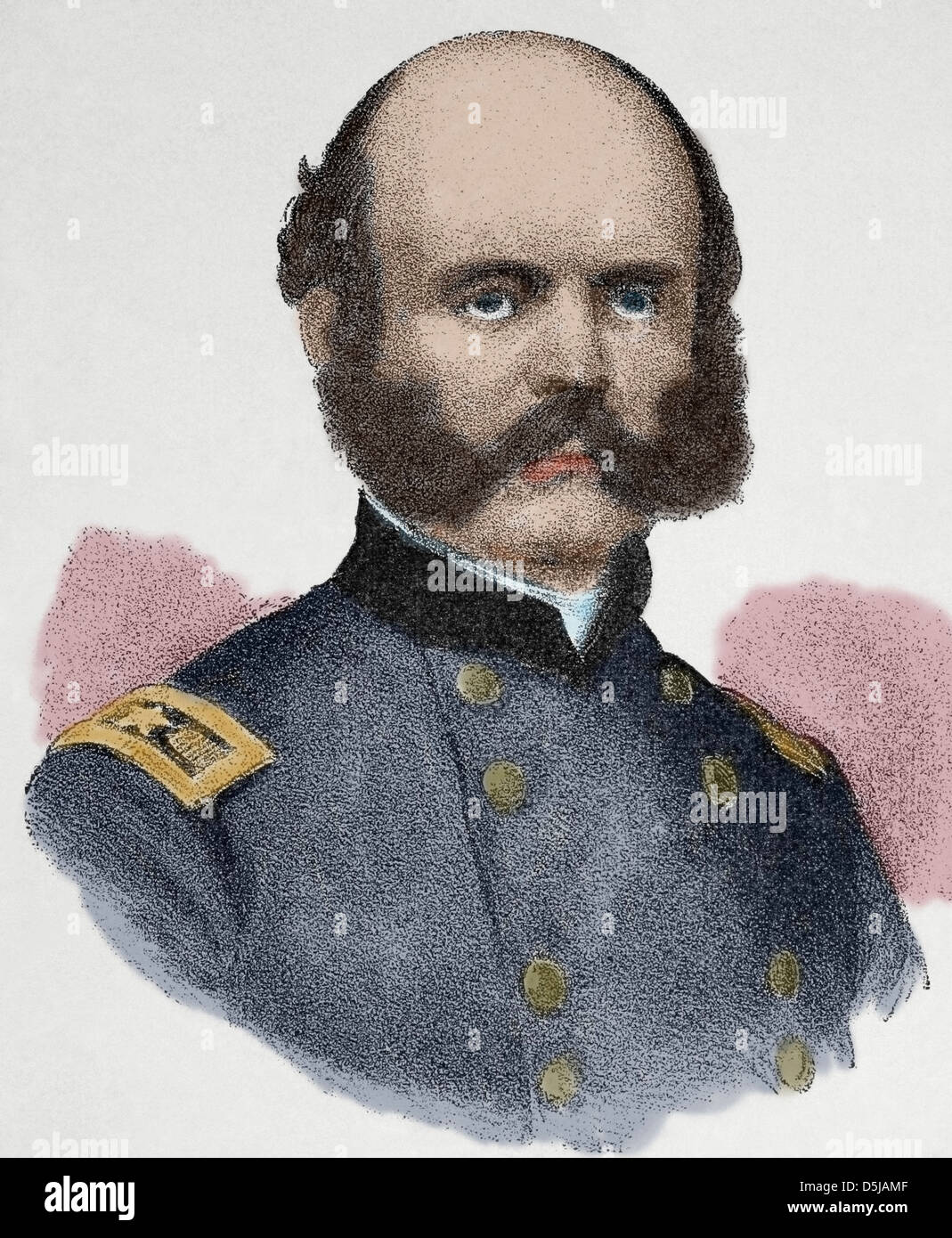 Ambrose Everett Burnside (1824-1881). American Military. Engraving in The Universal History, 1885. Colored. Stock Photo