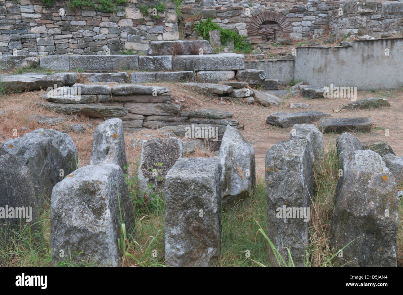 September Archaeological site The Agora Roman ruins in Limenas Thassos Town Stock Photo