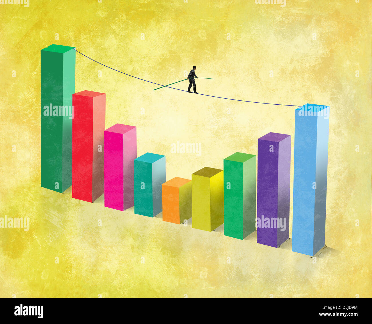 Illustrative image of businessman walking on rope attached to bar graph representing business ups and downs Stock Photo