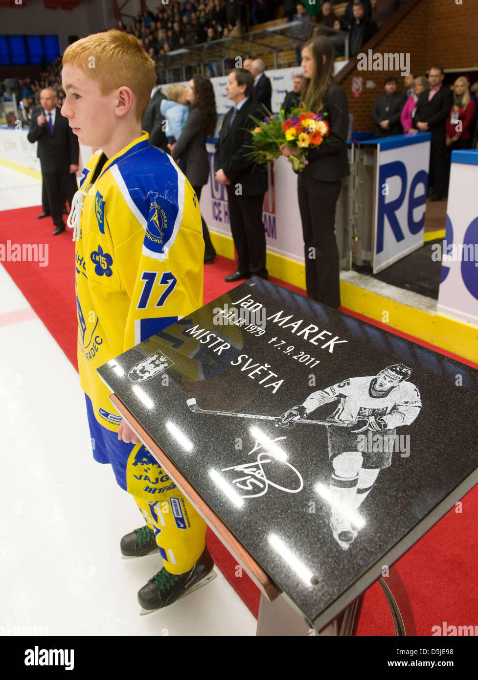 Memorial plaque hockey player Jan Marek is seen at the stadium which was named after him before