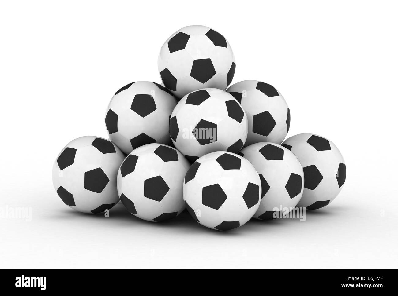 Stack of piled up football soccer balls on white background Stock Photo