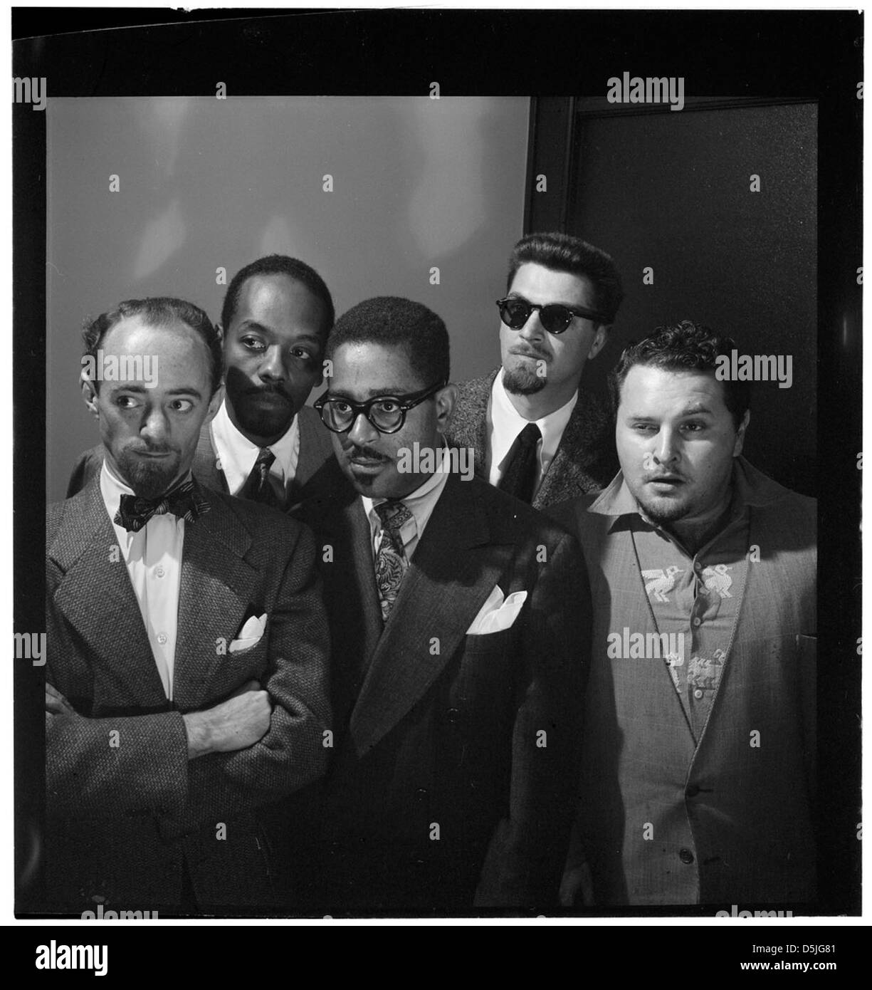 [Portrait of Dave Lambert, John Simmons, Dizzy Gillespie, George Handy, and Chubby Jackson, William P. Gottlieb's office, New York, N.Y., ca. July 1947] (LOC) Stock Photo