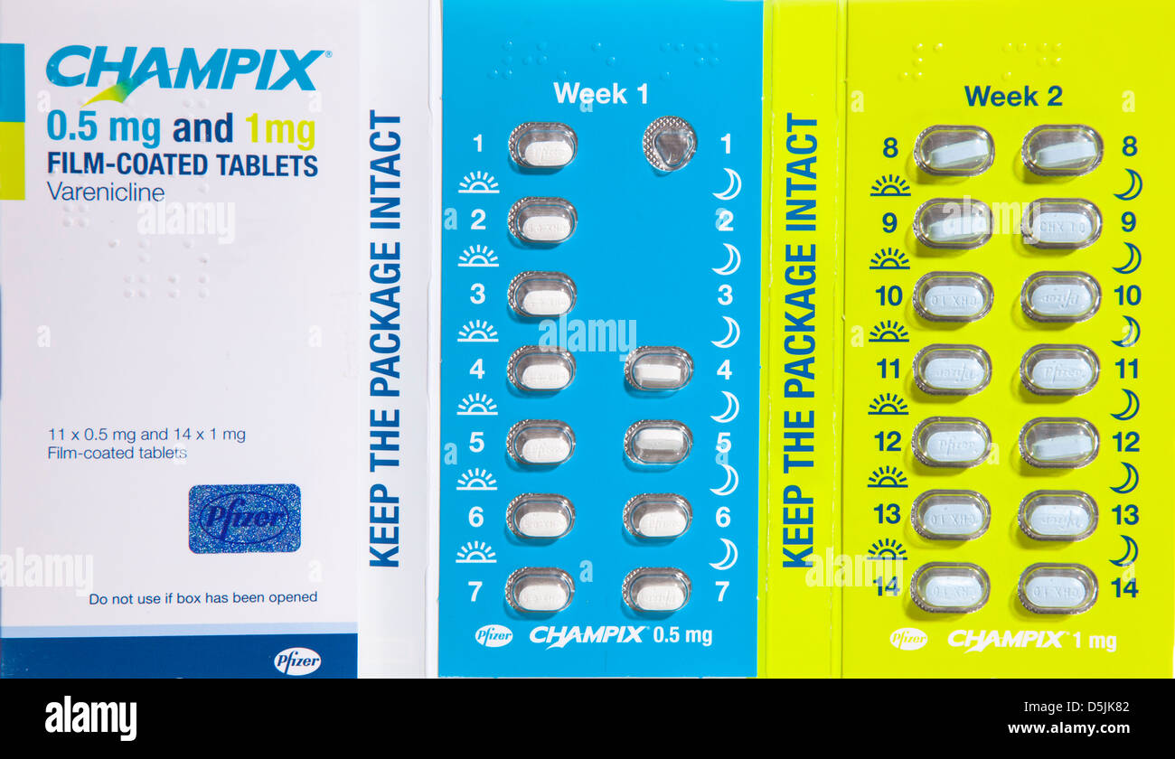 Champix stop smoking pills showing container and two weeks worth of pills  Stock Photo - Alamy