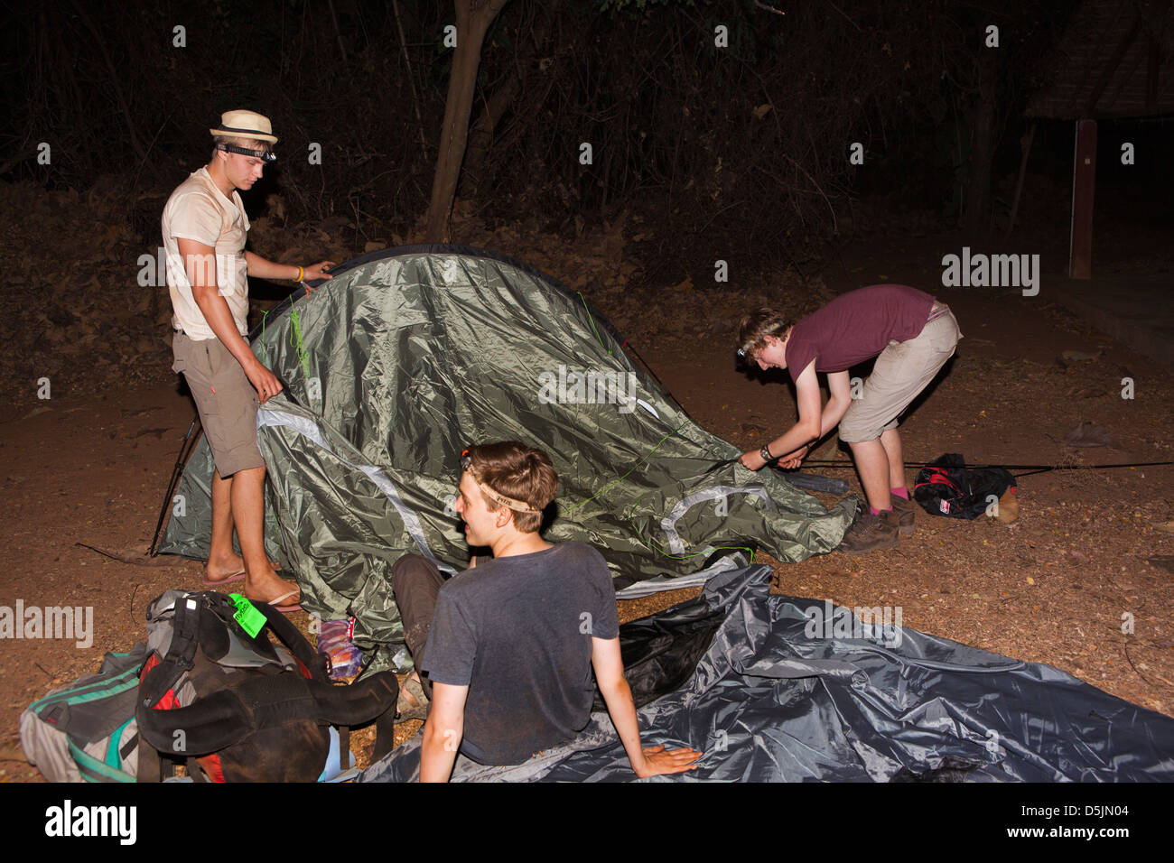 Madagascar, Parc National d’Ankarafantsika camping ground students erecting tents in dark Stock Photo
