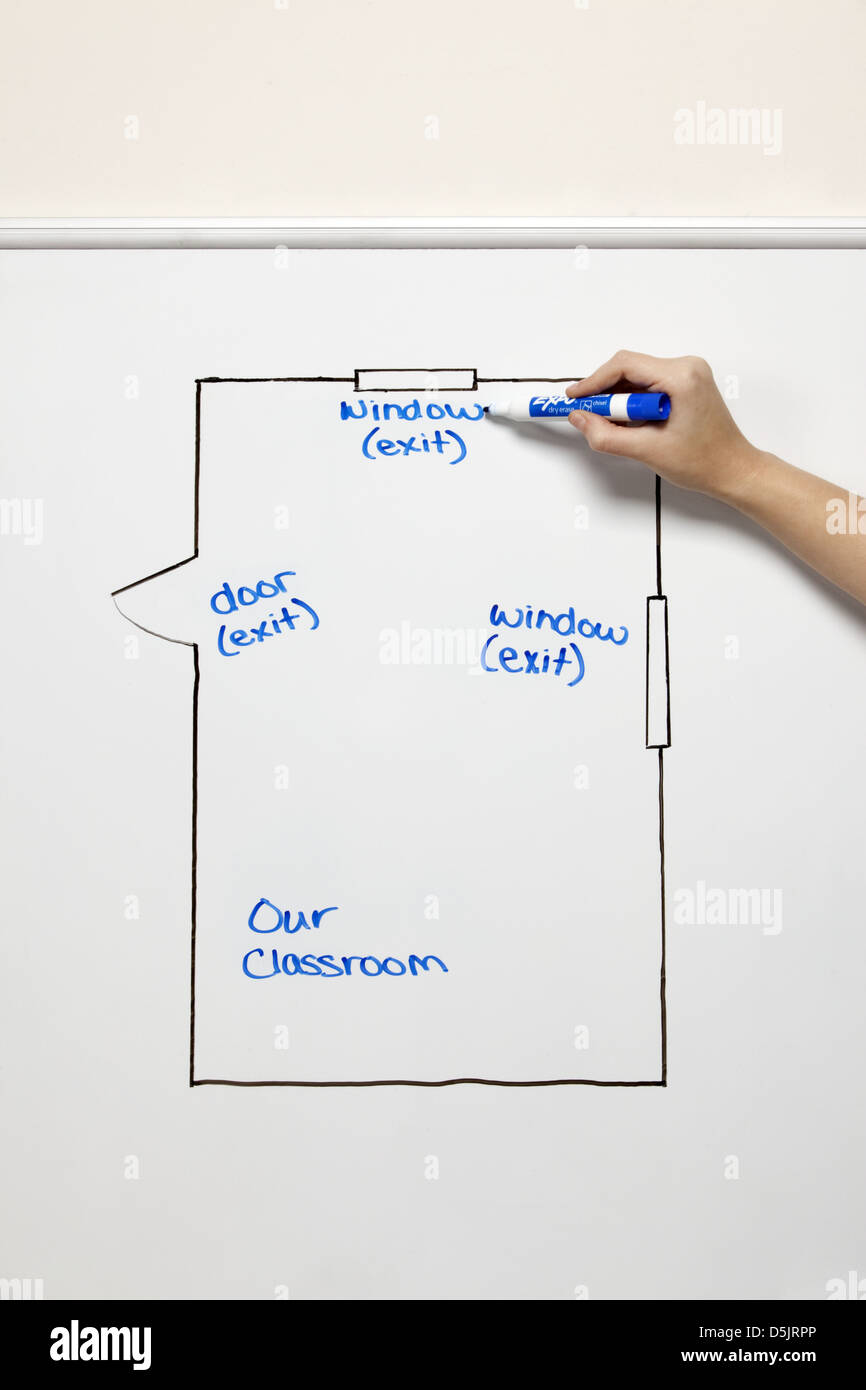 Drawing of a floor plan and diagram showing the exits of a classroom on an erasable whiteboard Stock Photo