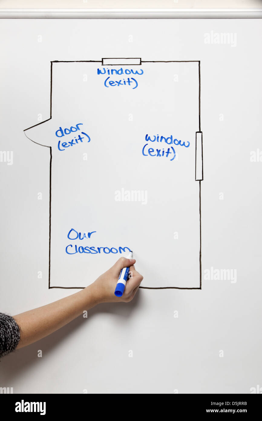 Drawing of a floor plan and diagram showing the exits in a classroom on an erasable whiteboard Stock Photo