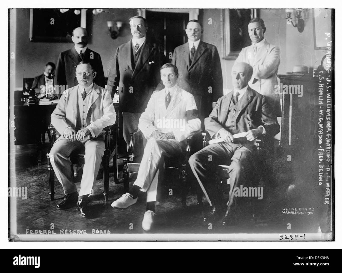 Fed. Res. Board: P. Warburg, J.S. Williams, W.G. Harding, A.C. Miller, C.S. Hamlin, W.G. McAdoo, Fred. Delano (LOC) Stock Photo