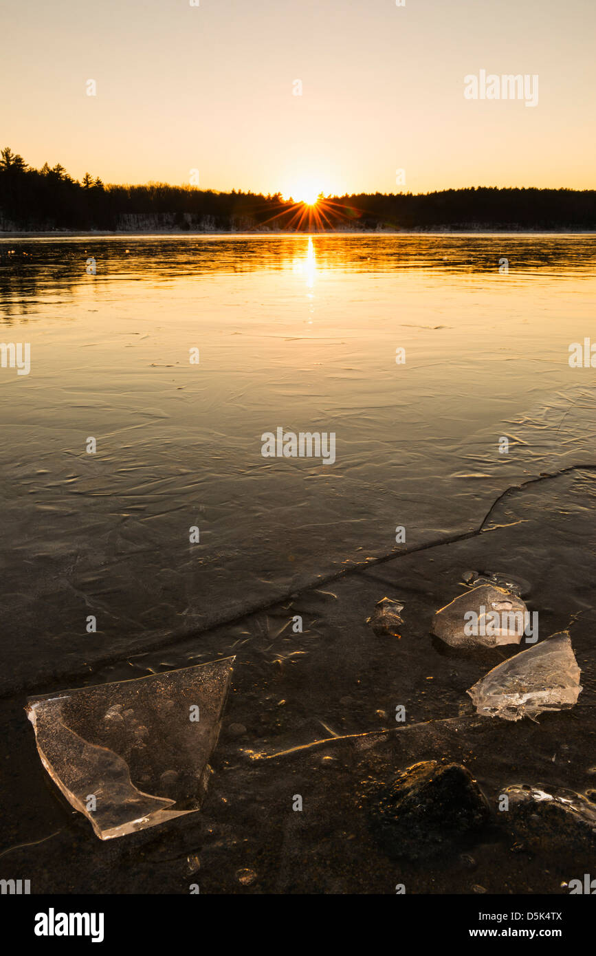 USA, Massachusetts, Concord, Walden Pond, Icy water surface Stock Photo