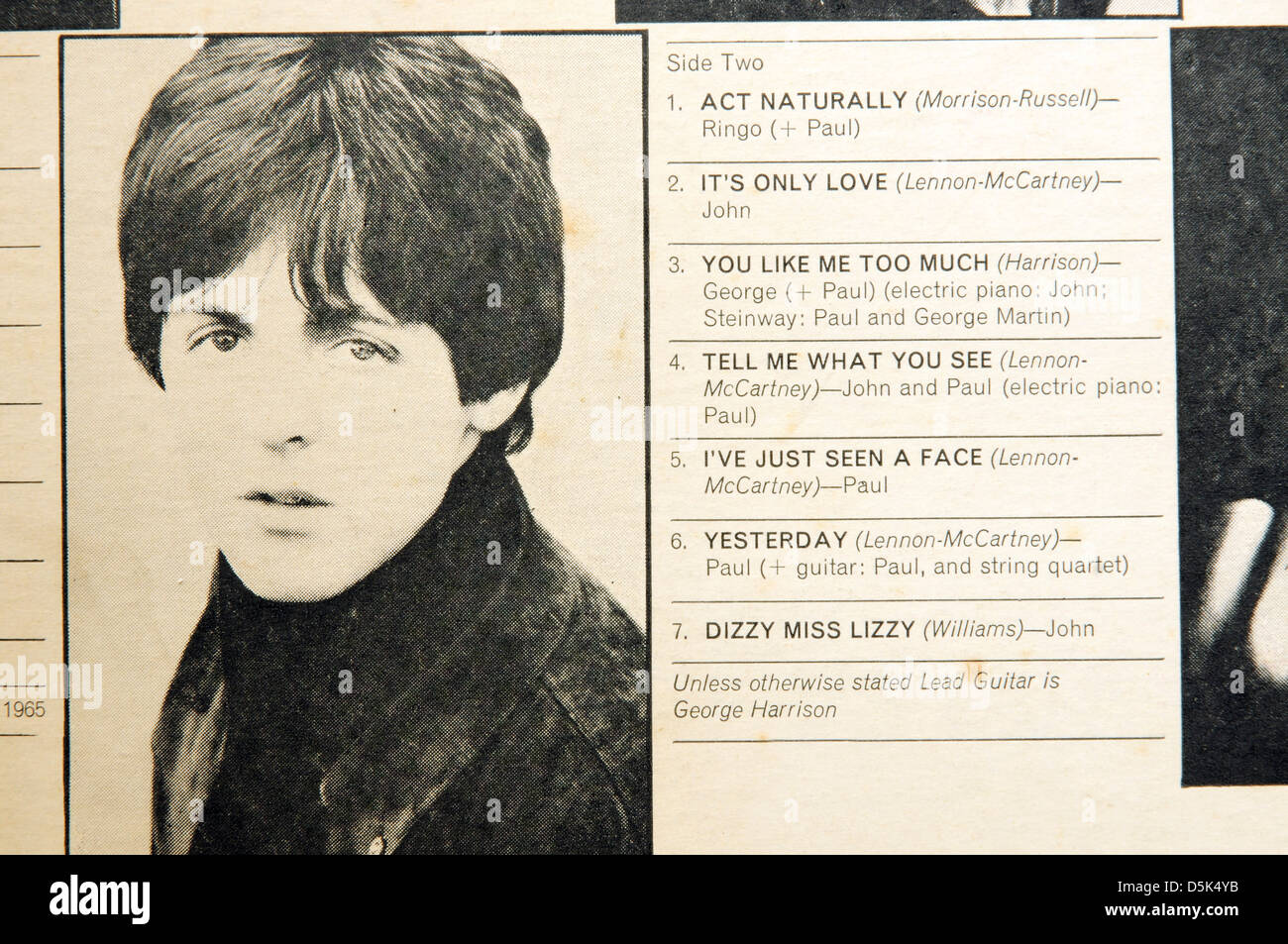 The Beatles Yesterday on the album Help! Stock Photo