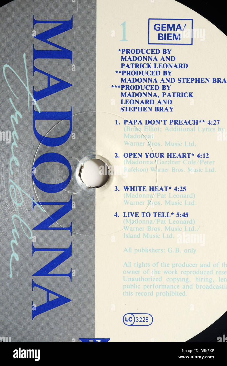 Madonna True Blue record label, with classic tracks Papa Don't Preach and  Live to Tell Stock Photo - Alamy