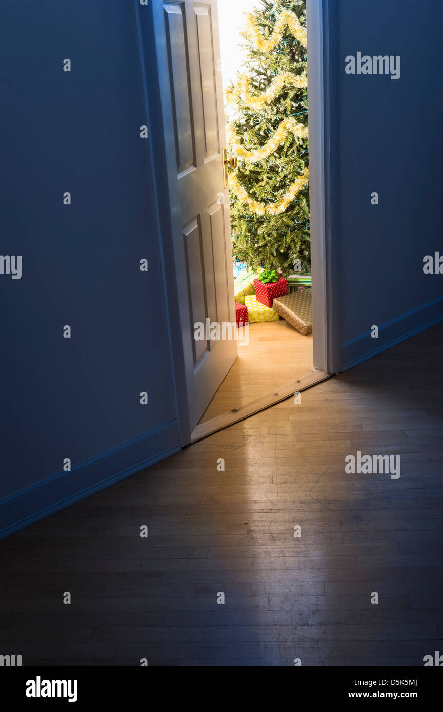 Christmas tree in doorway Stock Photo Alamy