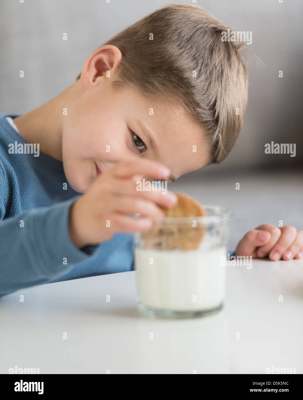 Boy (4-5) dipping cookie in milk Stock Photo