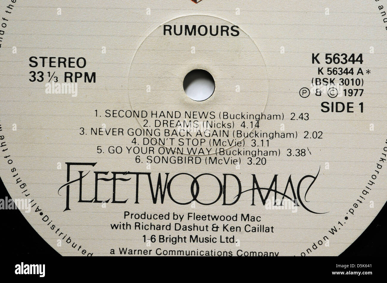 Fleetwood Mac Rumours album label with classic tracks Dreams and Go Your Own Way Stock Photo
